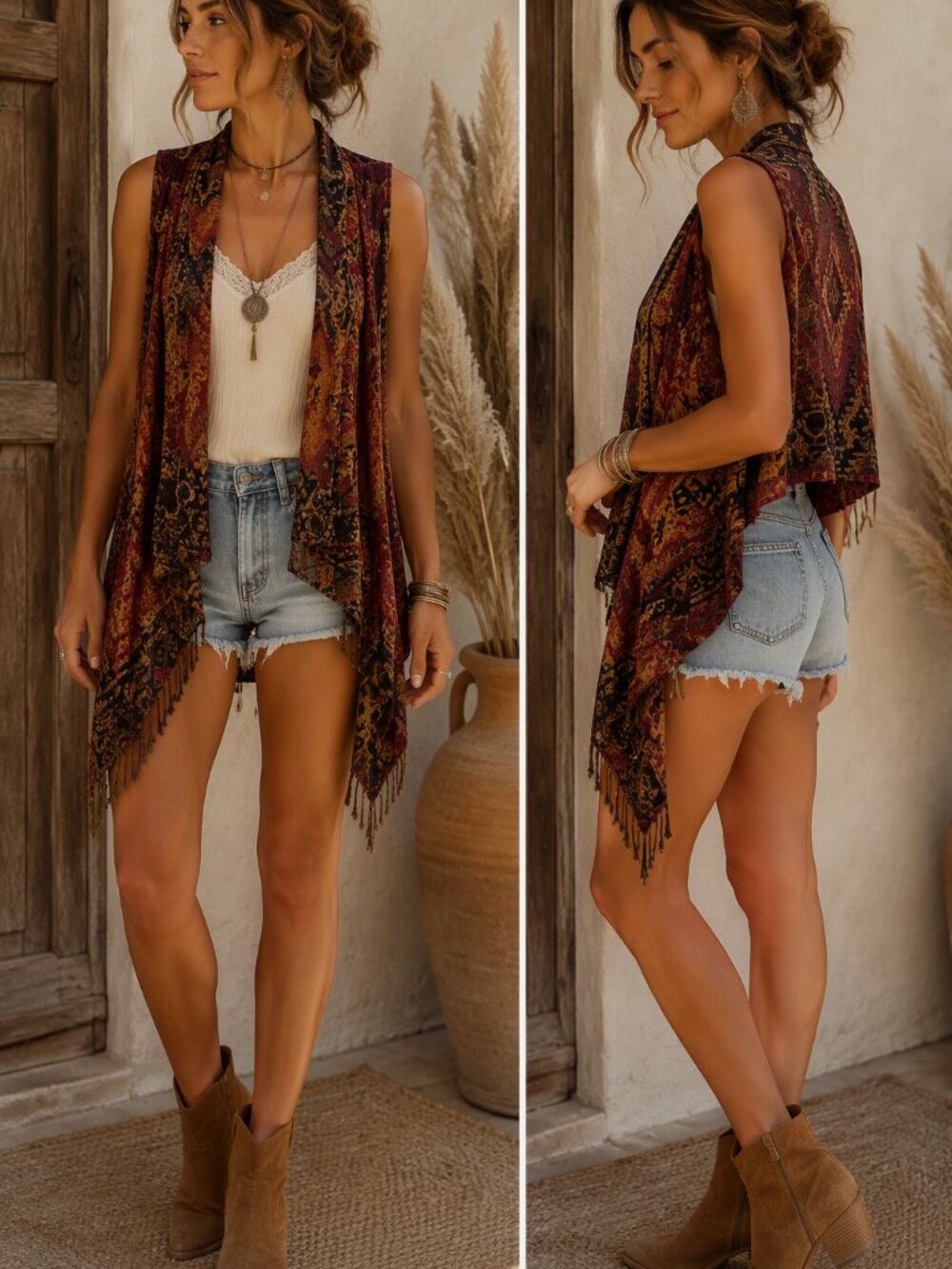594 - Reversible Boho Tapestry Fringe Vest | Open Front High-Low Hem | One Size